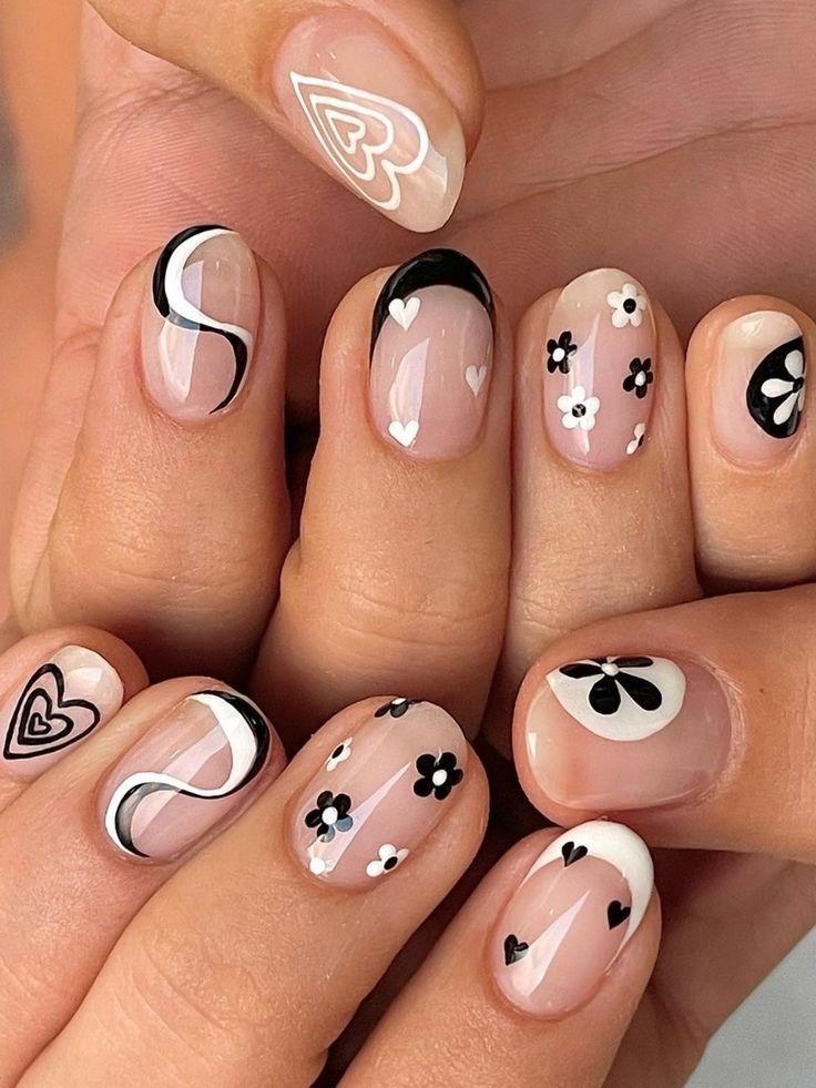 Monochrome floral nails