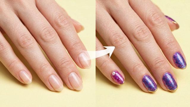 Bare hand beside the same hand with glitter manicure
